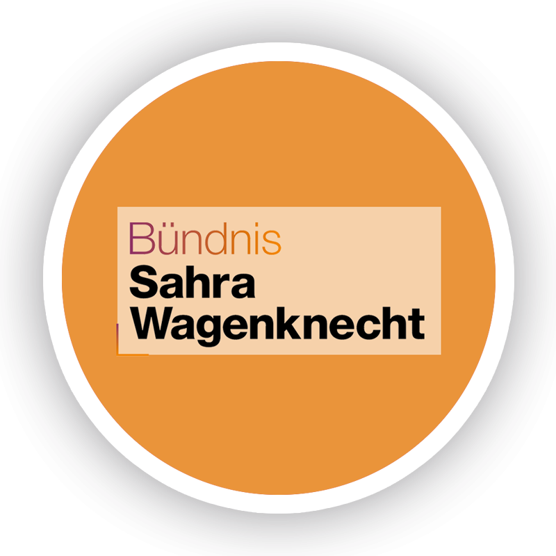 Ein runder Button mit dem Logo des BSW